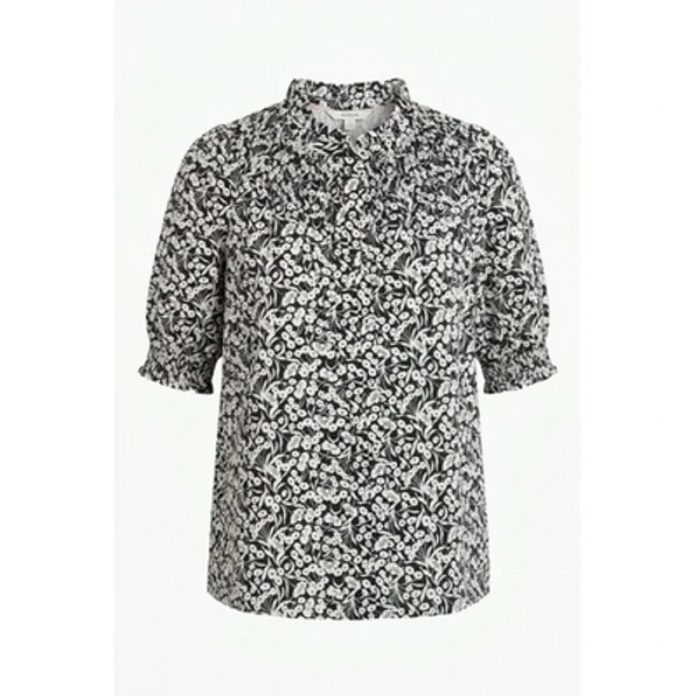 Boden Blouse Women 14 Black White Floral High Neck Puff Sleeve Cotton Spring